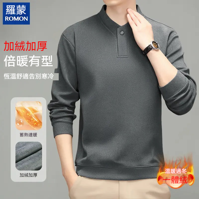 Romon/羅蒙，男士秋冬季，高檔純色，德絨衛衣，半高領，保暖雙面絨，打底衫