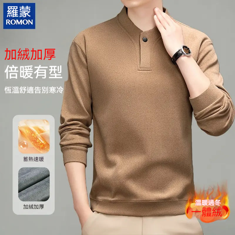 Romon/羅蒙，男士秋冬季，高檔純色，德絨衛衣，半高領，保暖雙面絨，打底衫