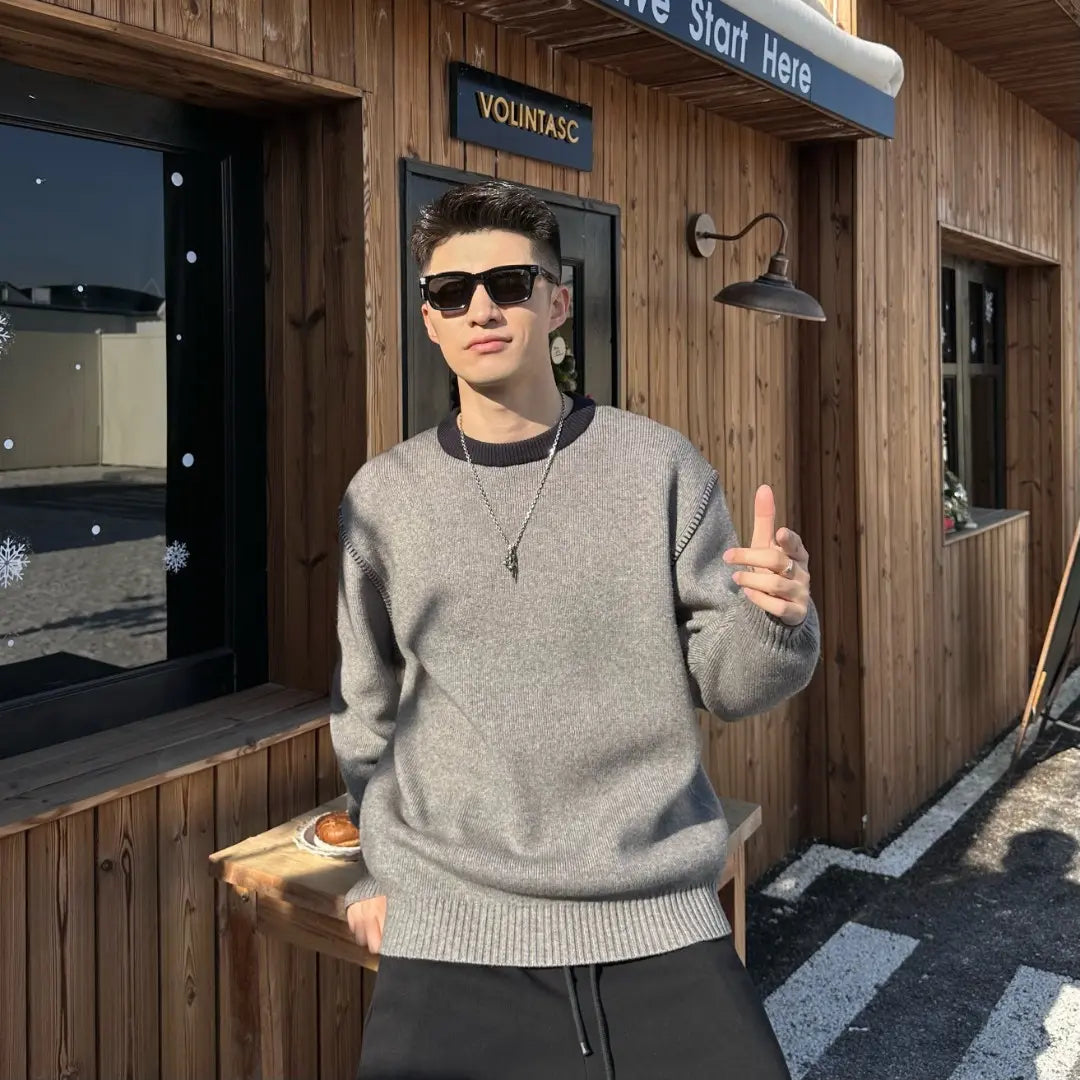 【C&amp;H】冬季，撞色手工，明線圓領套頭，氛圍感，情侶毛衣，針織衫