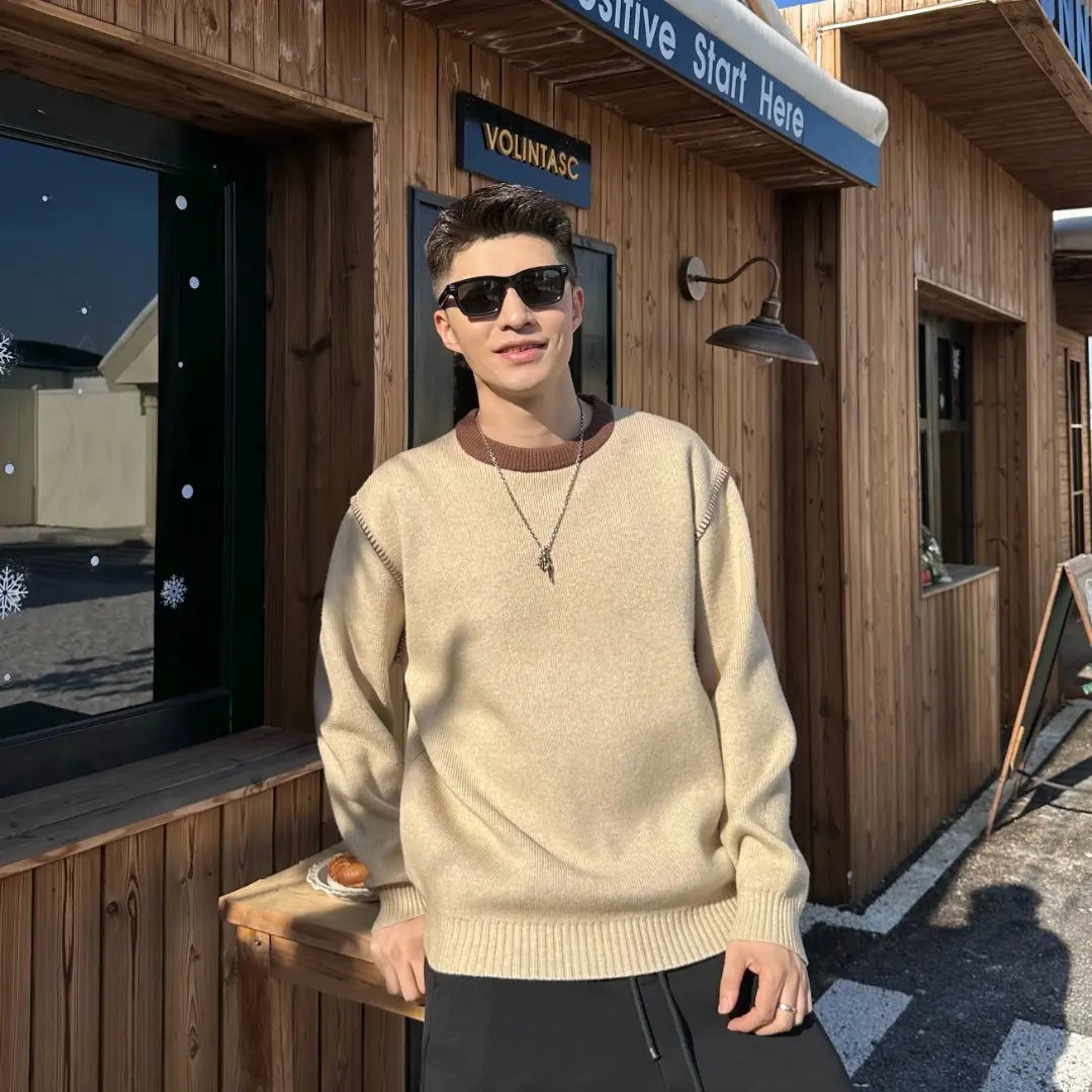 【C&amp;H】冬季，撞色手工，明線圓領套頭，氛圍感，情侶毛衣，針織衫