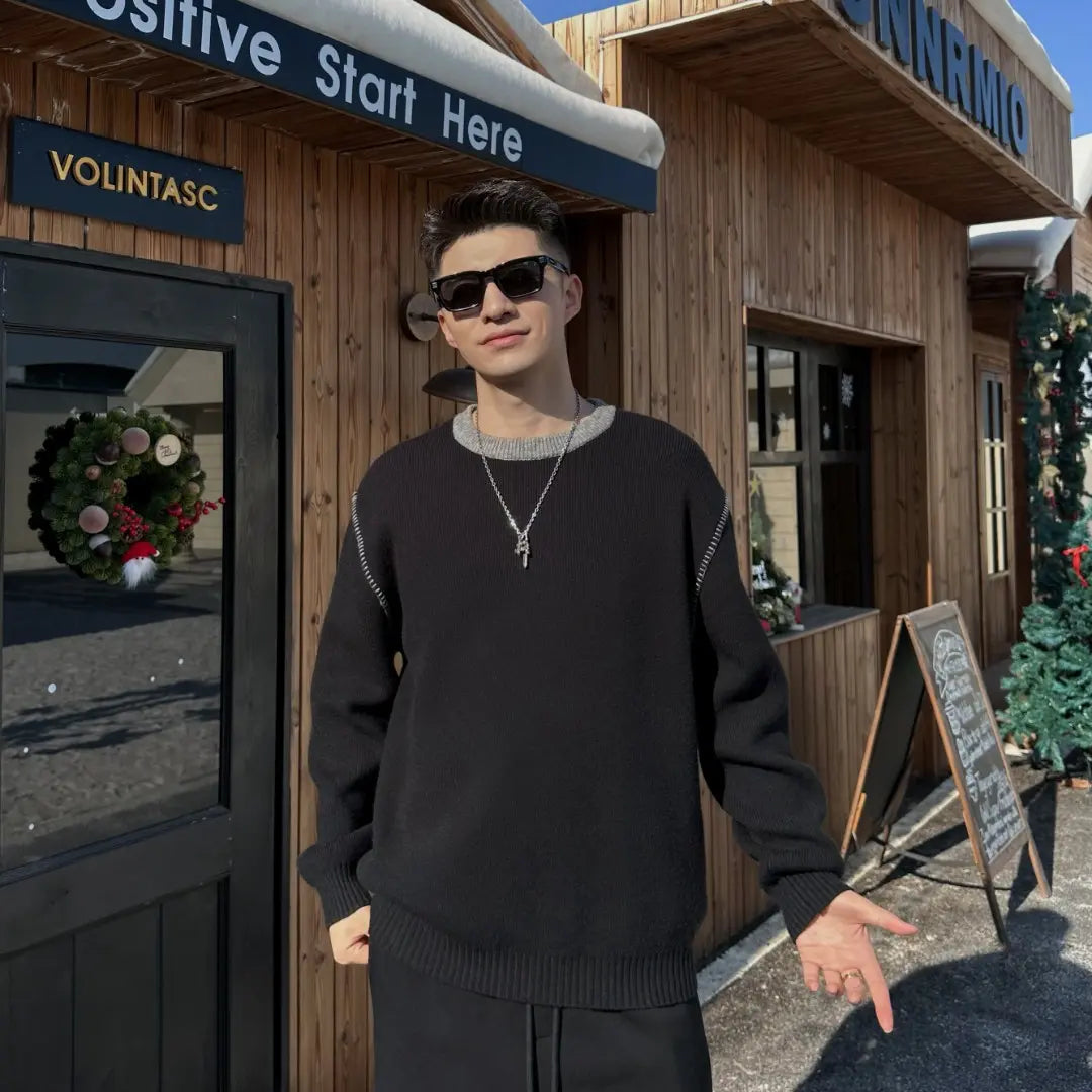 【C&amp;H】冬季，撞色手工，明線圓領套頭，氛圍感，情侶毛衣，針織衫